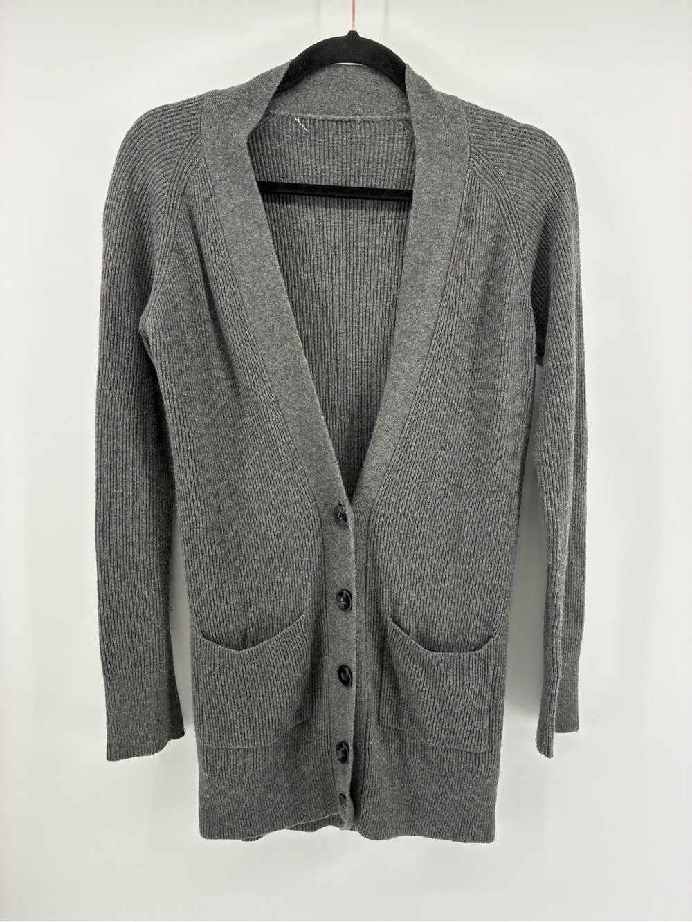 Wool & Angora Hair Blend Gray Ribbed Button-Front Women's Cardigan Sweater
